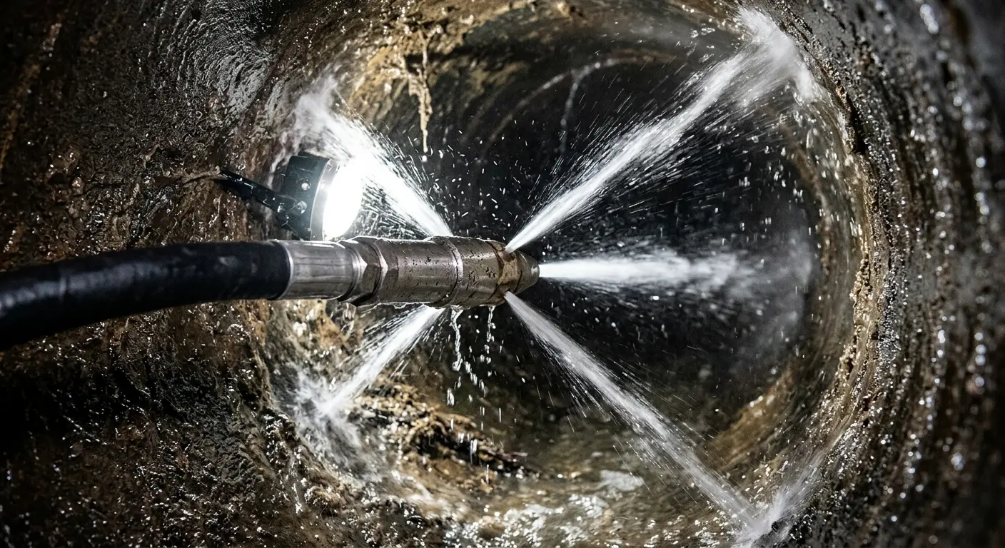 High-pressure hydro jetting nozzle cleaning sewer pipe for Emergency Drain Service in Boynton Beach