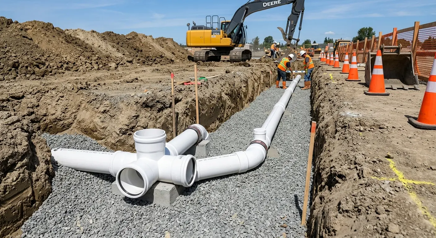 New PVC sewer pipe installation in open trench for Sewer Backup in Boynton Beach