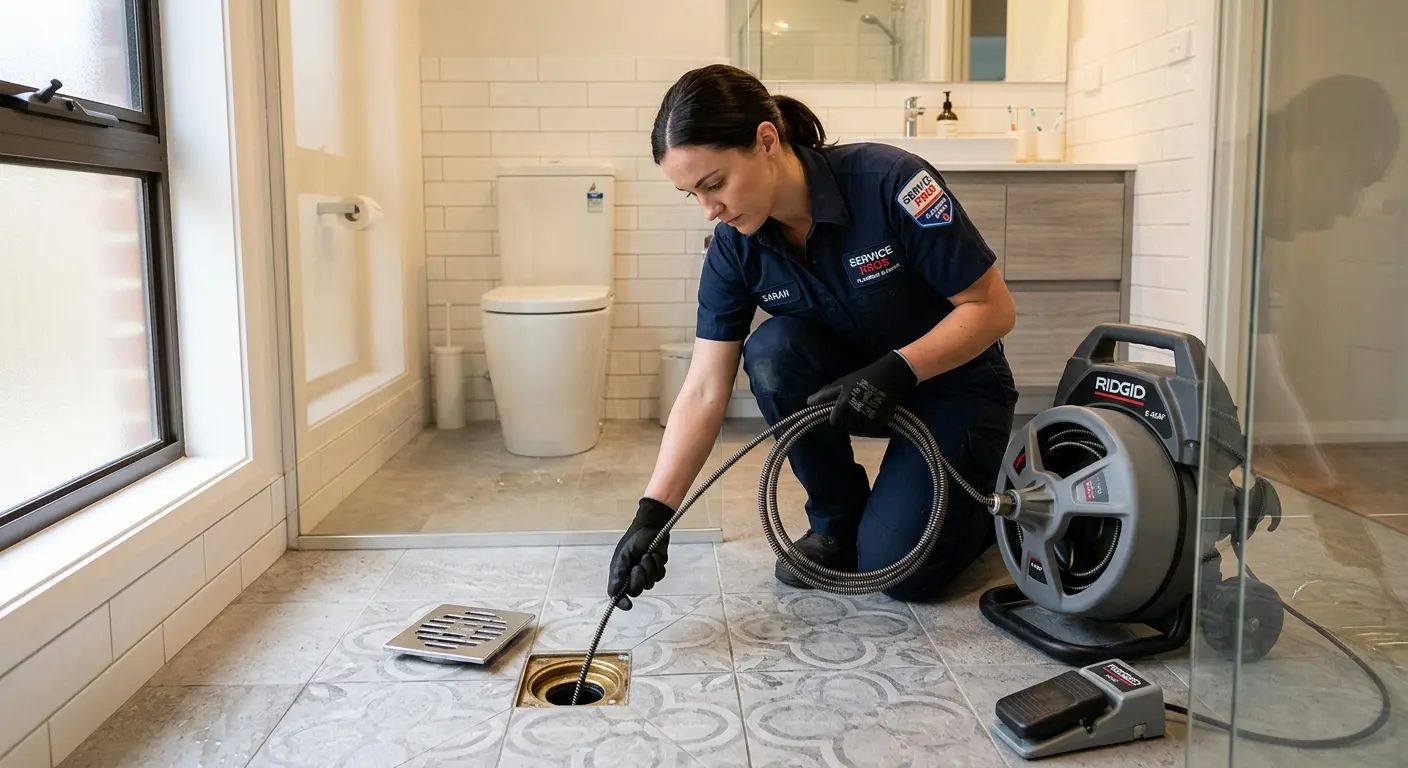 Technician clearing a bathroom floor drain for Sewer Line Replacement in Boynton Beach